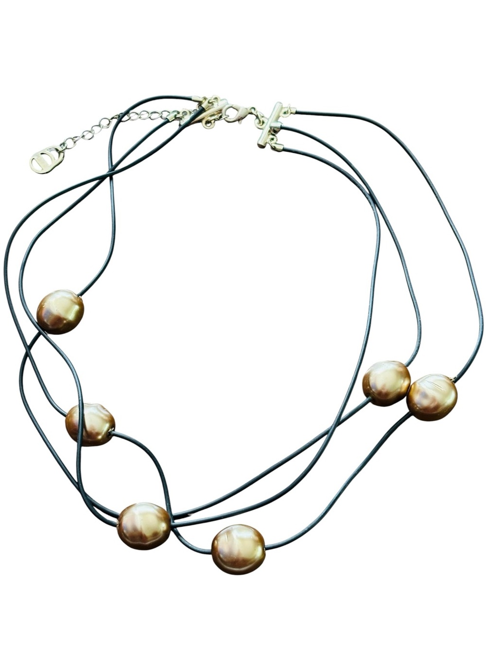 Barcs Australia Vintage Floating Gold Toned Pearl Leather Cord Necklace 18”